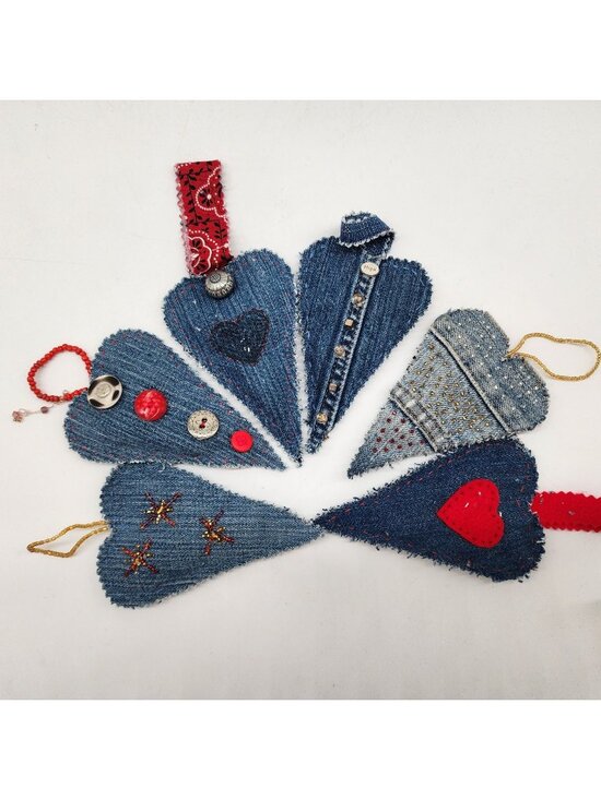 Handmade Other - Denim Hanging Heart Ornaments Embellished Buttons Beads Embroidery Handmade